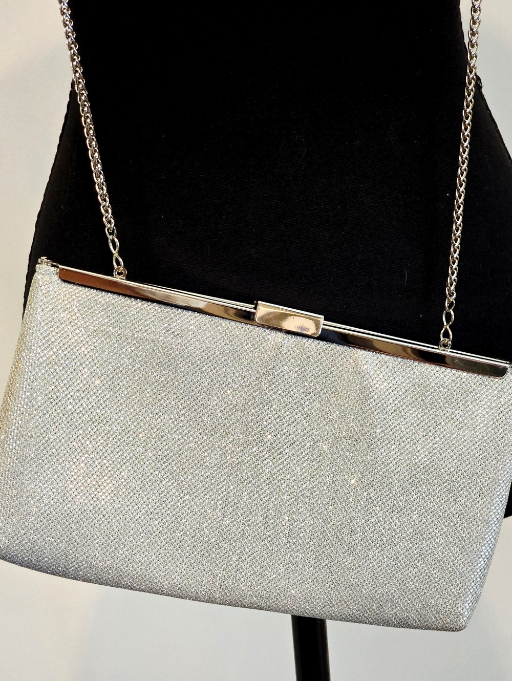 Silver Glitter Clutch Evening Bag Chain Strap Wedding Formal Purse